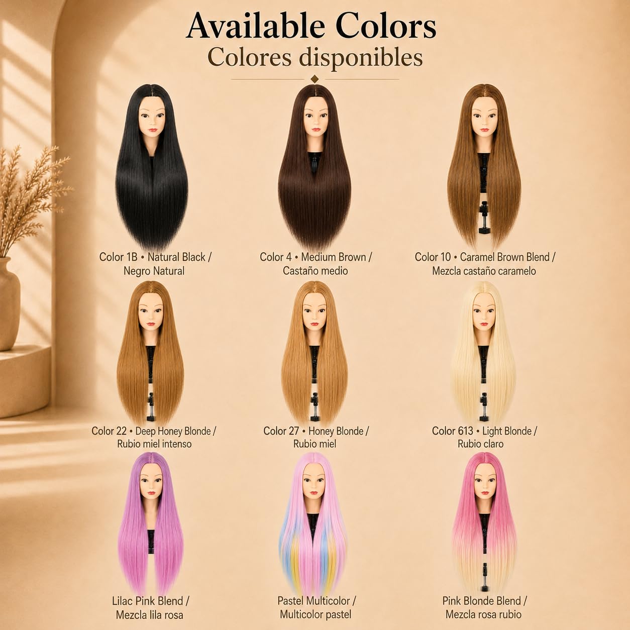 Cabeza de Maniquí para Peluquería, Cabello Sintético 60 cm/24" Resistente al Calor con Soporte, Cabeza de Prácticas para Peinados y Cosmetología (613 · Rubio Claro)