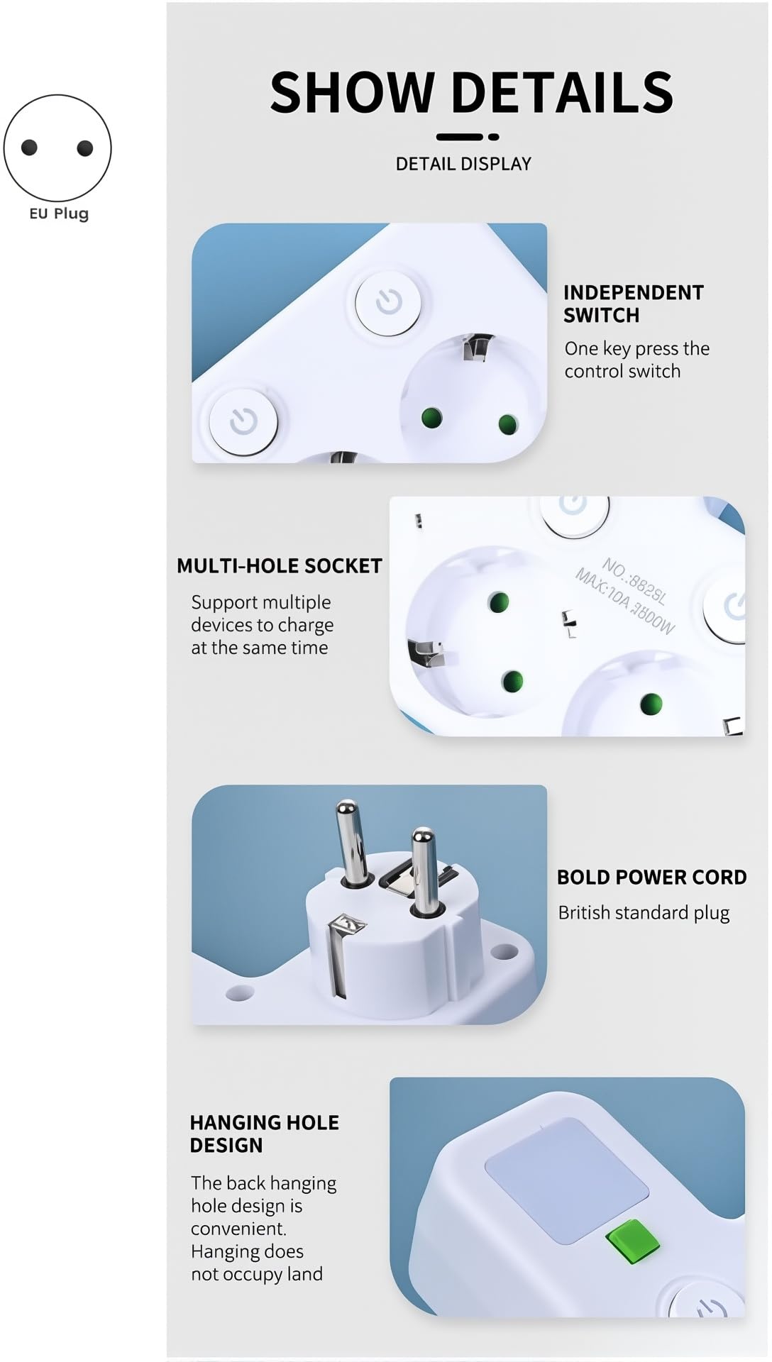 Regleta de Enchufe de Pared con 4 Tomas Europeas, Adaptador con USB C y 2 USB A, Ladrón de Enchufe con Interruptores Independientes para Hogar y Oficina — view 3
