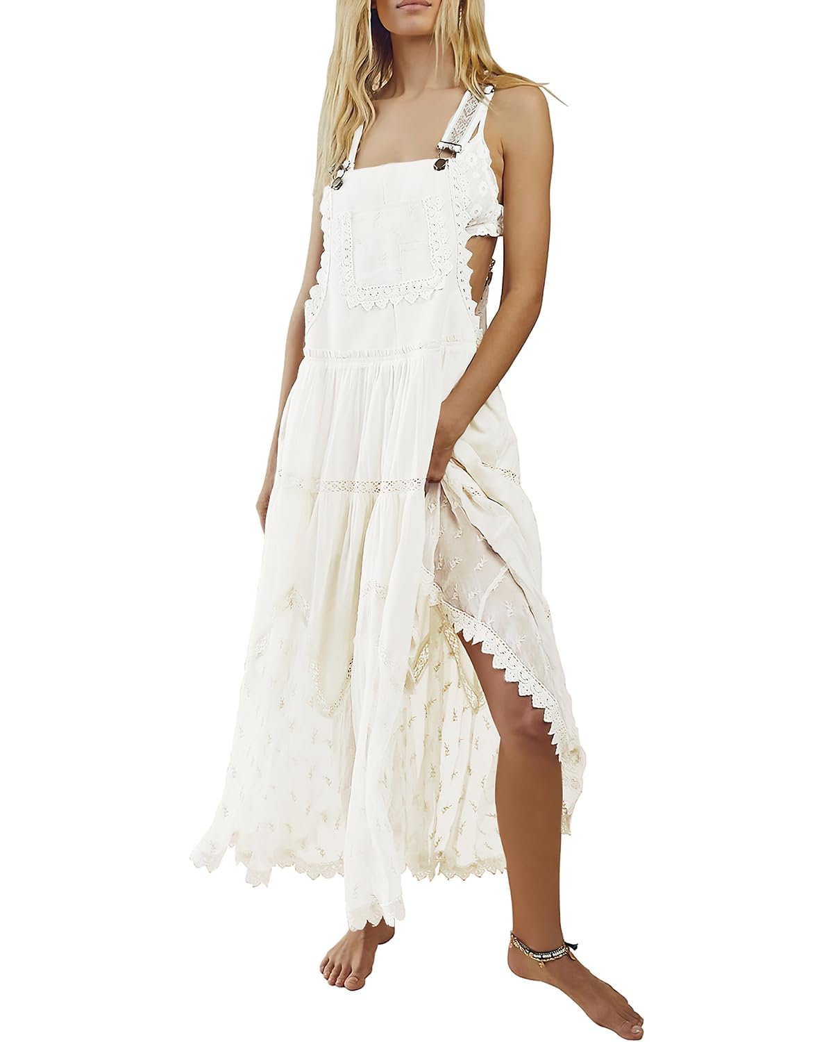 Leyoutx Women's Laced Embroidered Tulle Boho Dress Casual Loose Adjustable Straps Bib Maxi Dress, White, L
