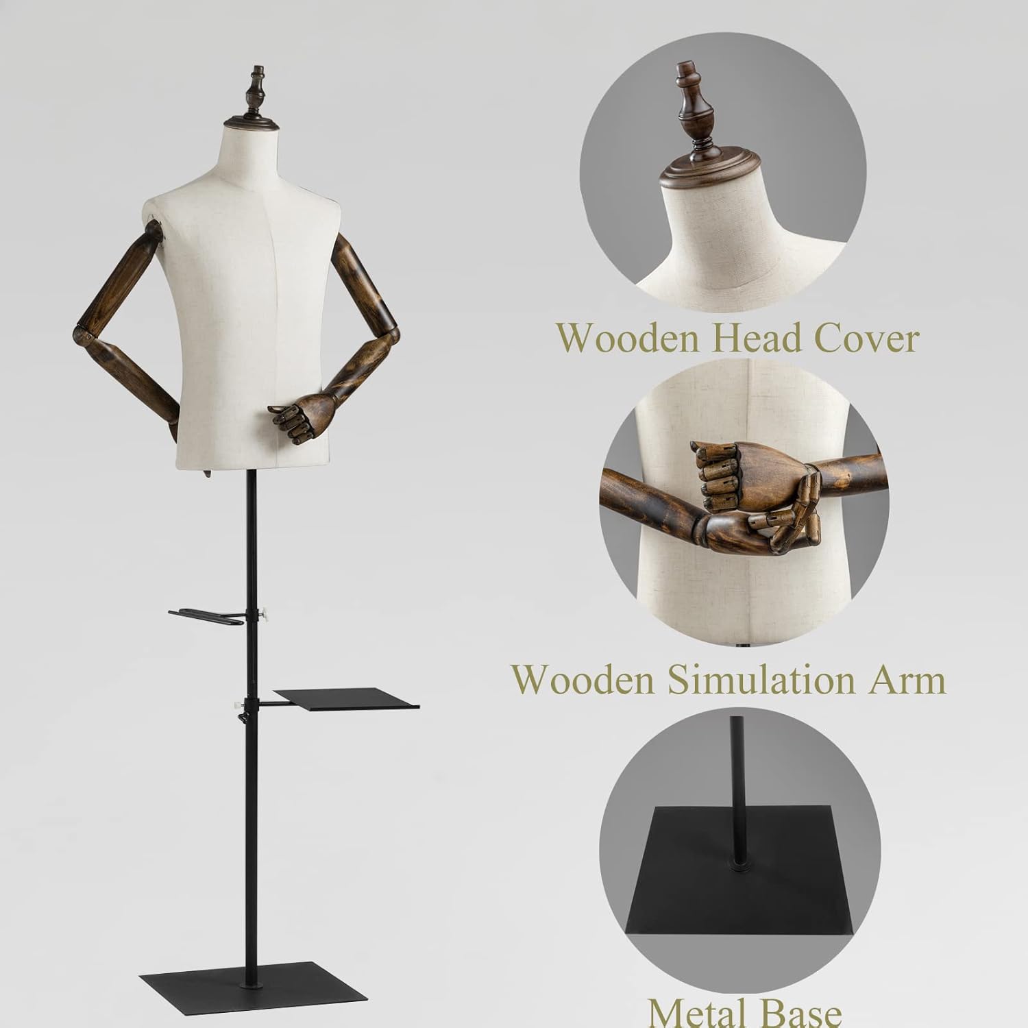 53-76inch Male Mannequin Torso with Wooden Arms Metal Stand, Height Adjustable Dress Form Male with Detachable Trousers Rack and Shoe Holder, Pinnable Torso Display for Clothing Retail Sewing Shop