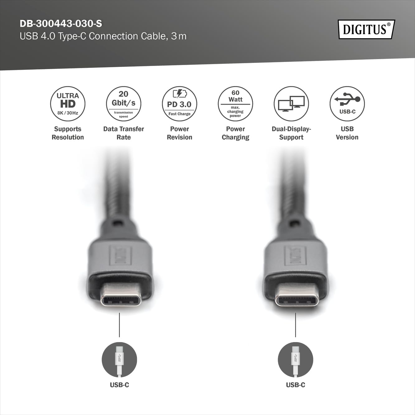 DIGITUS USB-C Connection Cable - USB 4.0 - Power Delivery 3.0-20 Gbps - 4k/60Hz - 3m - Black