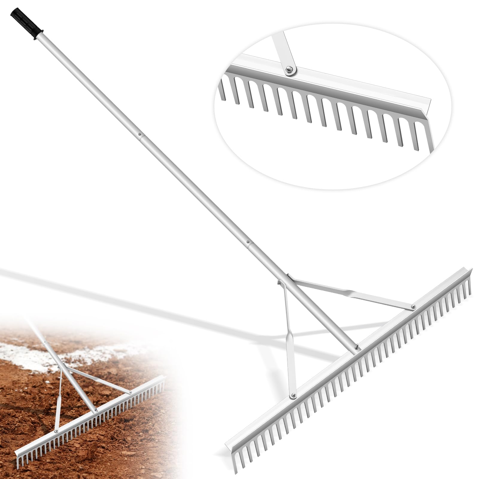 Aluminiowe grabie do pielęgnacji trawników, 24 cale, do ogrodów, boisk baseballowych, z regulowanym uchwytem 66''-98'', do pielęgnacji trawników, jezior, spulchniania gleby i pielęgnacji chwastów