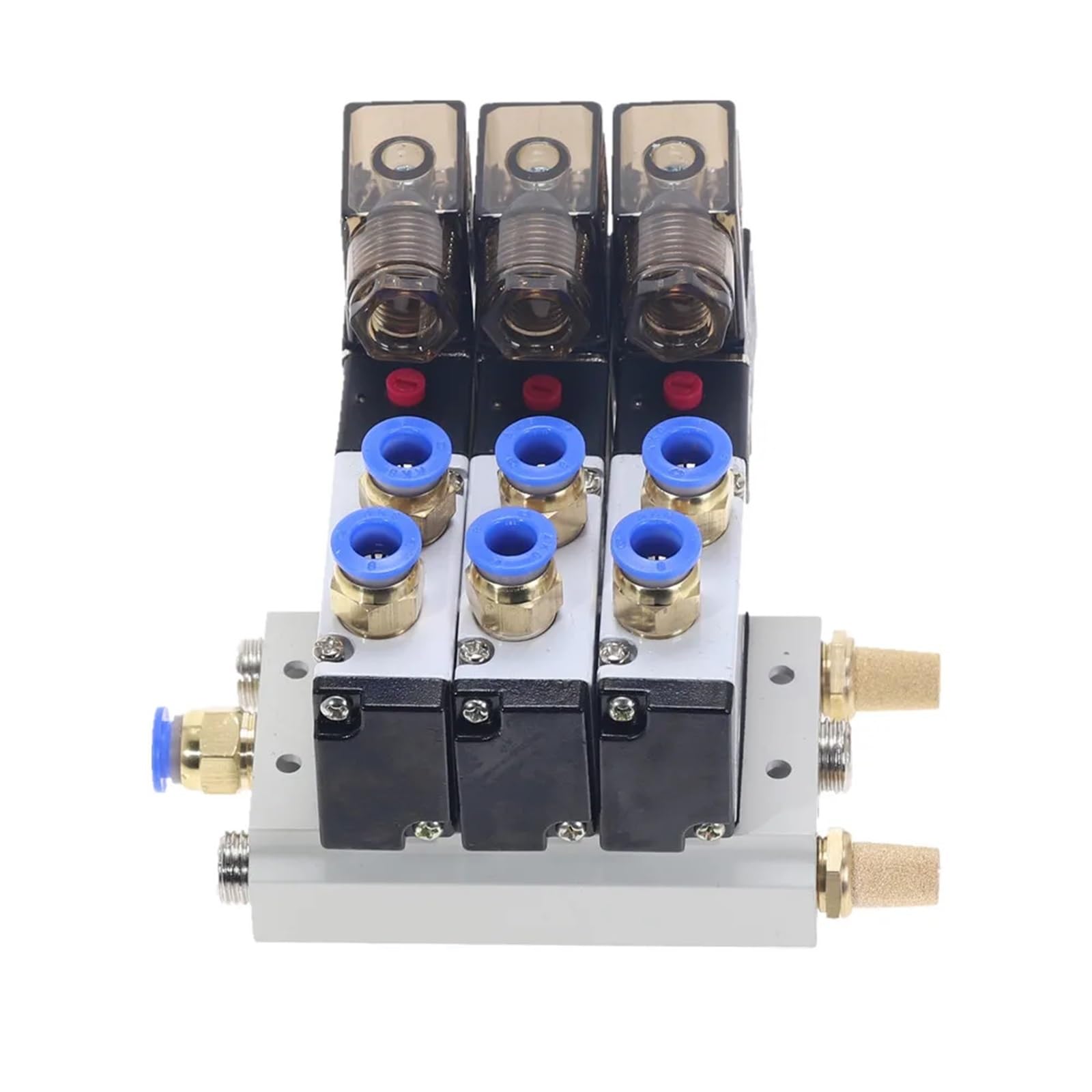 1 sztuka 3Way 4V210-08 pneumatyczny DC12V DC24V AC110 AC220 potrójny zawór elektromagnetyczny w podstawie złączy Push-In, tłumik 1/4" (złączki 4 mm, AC110V)