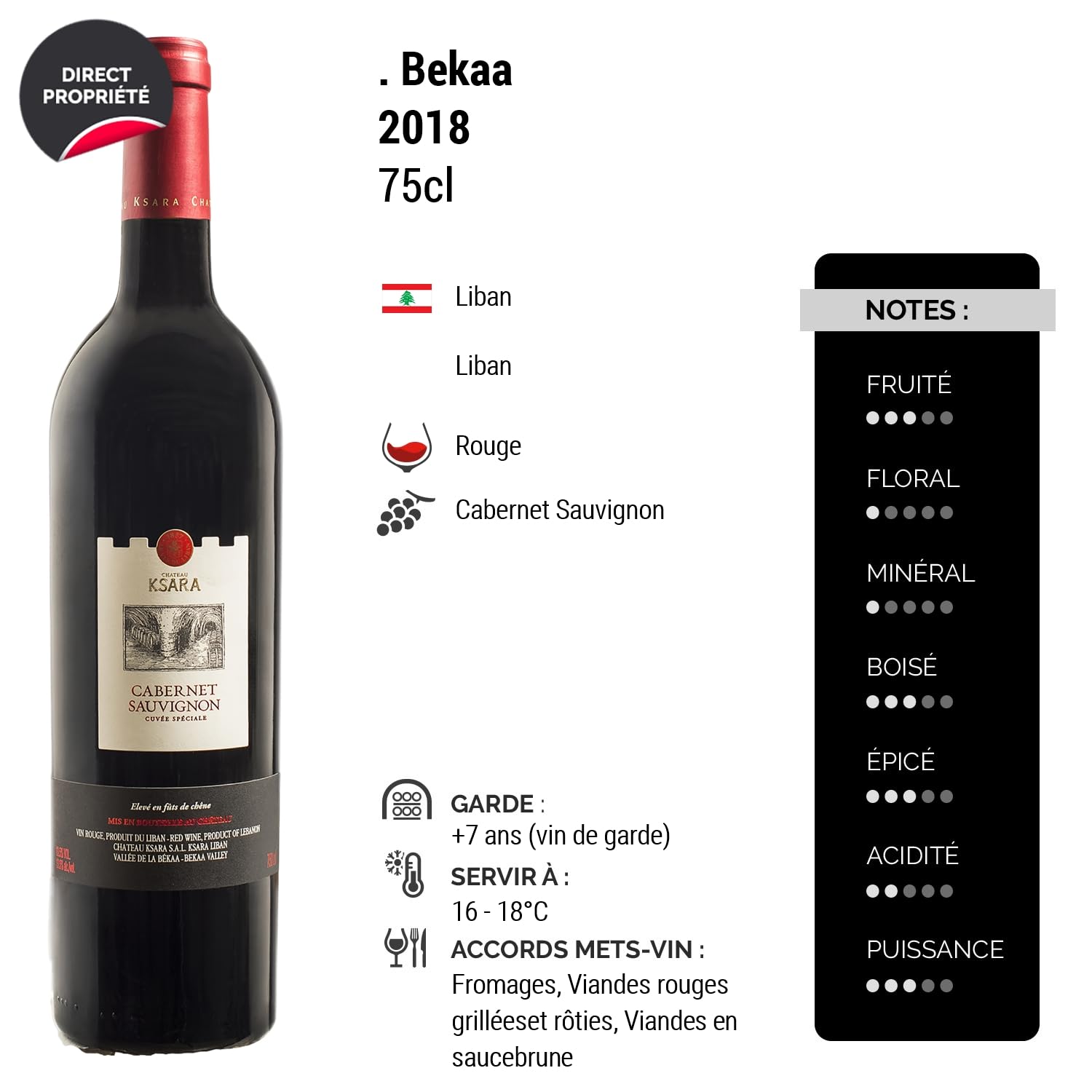 Bekaa Cabernet Sauvignon Cuvée Spéciale - Rouge 2018 - Château Ksara - Vin Rouge duLiban (3x75cl)
