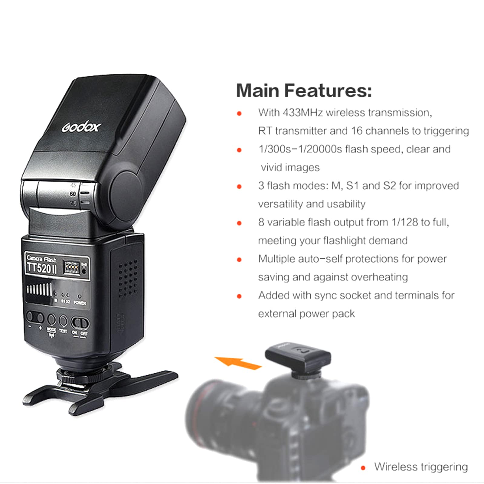 Godox TT520II Wireless Transmission Flash Speedlite - Built-in Receiver and RT Transmitter Compatible for Canon Nikon Panasonic Olympus Pentax and Other DSLR Cameras with Standard Hot Shoe