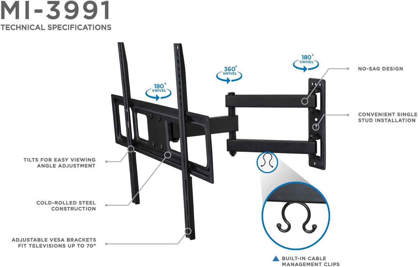 Mount-It! Full Motion TV Wall Mount | Single Stud Installation | Swivel, Tilt & 17” Extension | Single Arm Bracket for 37-70 Inch TVs | Heavy-Duty Steel | Fits VESA 100x100-600x400 | 77 lbs Capacity