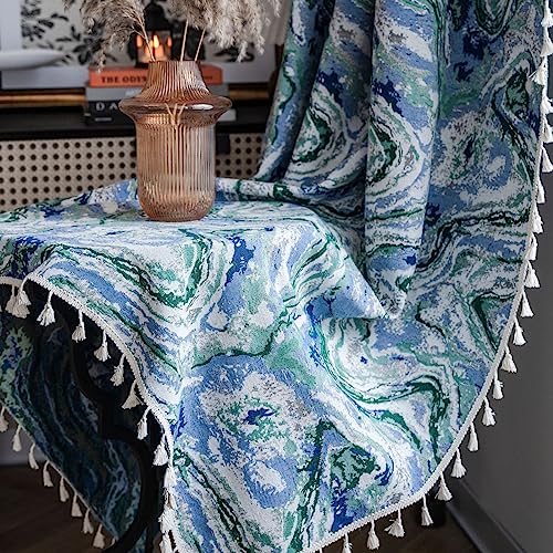 Cortina de dormitorio opaca de diseño artístico azul con borlas, ideal para ventanas 2