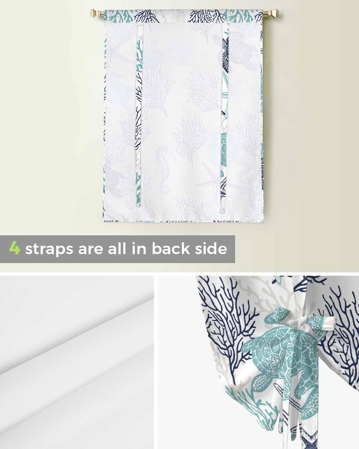 Turquoise Coral Tie Up Curtains for Window, Thermal Insulted Balloon Shade Adjustable Rod Pocket Curtains Valance Panels for Kitchen Bathroom Café 34 x 45 Shell Starfish Turtle Seahorse Ocean Sea