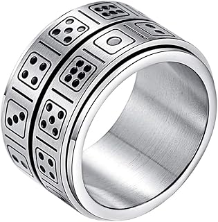 INRENG Men's Stainless Steel 14mm Wide Spinner Ring Band Creative Dice Pattern Design Double Layers
