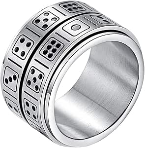 INRENG Men's Stainless Steel 14mm Wide Spinner Ring Band Creative Dice Pattern Design Double Layers