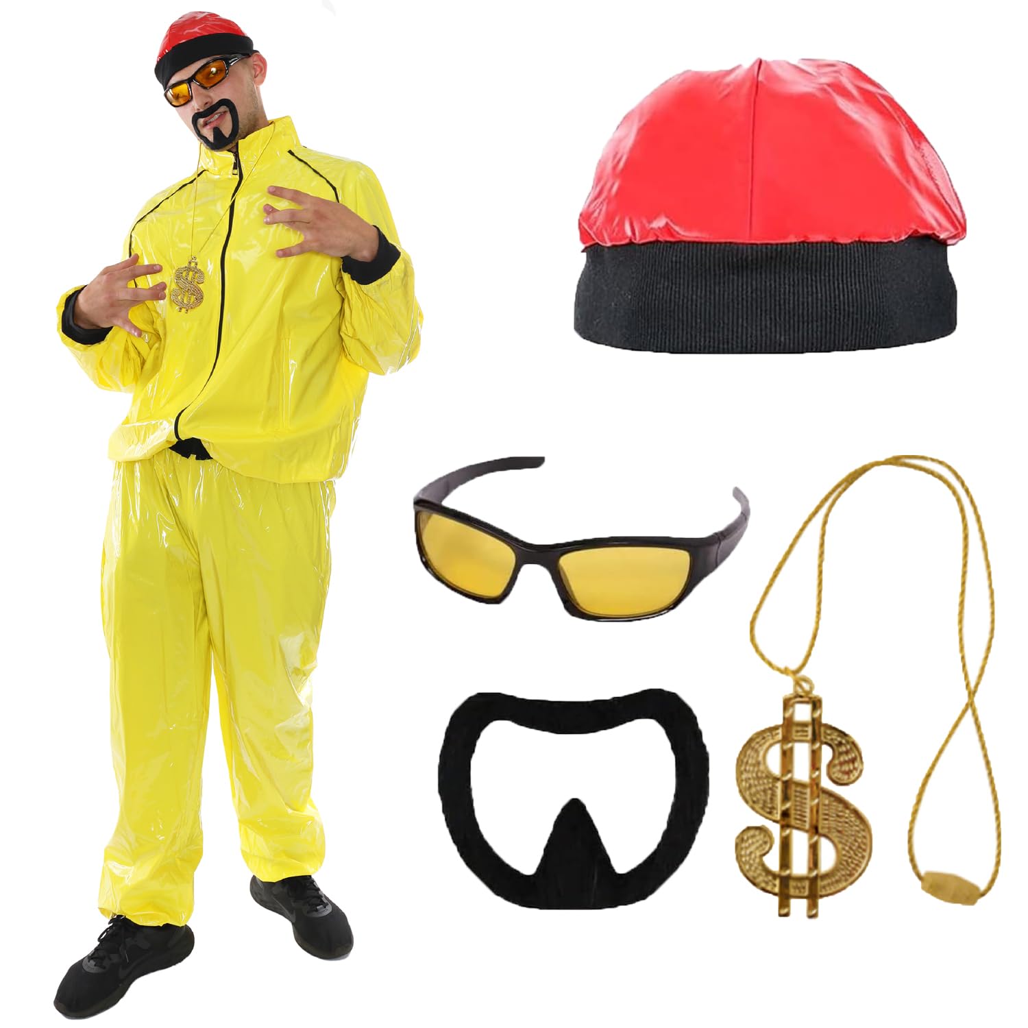 Disfraz de rapero amarillo para adultos, traje de concha amarilla y negra, sombrero rojo, gafas de sol amarillas, cadena de signo de dólar, percha negra, disfraz de película de televisión para adultos