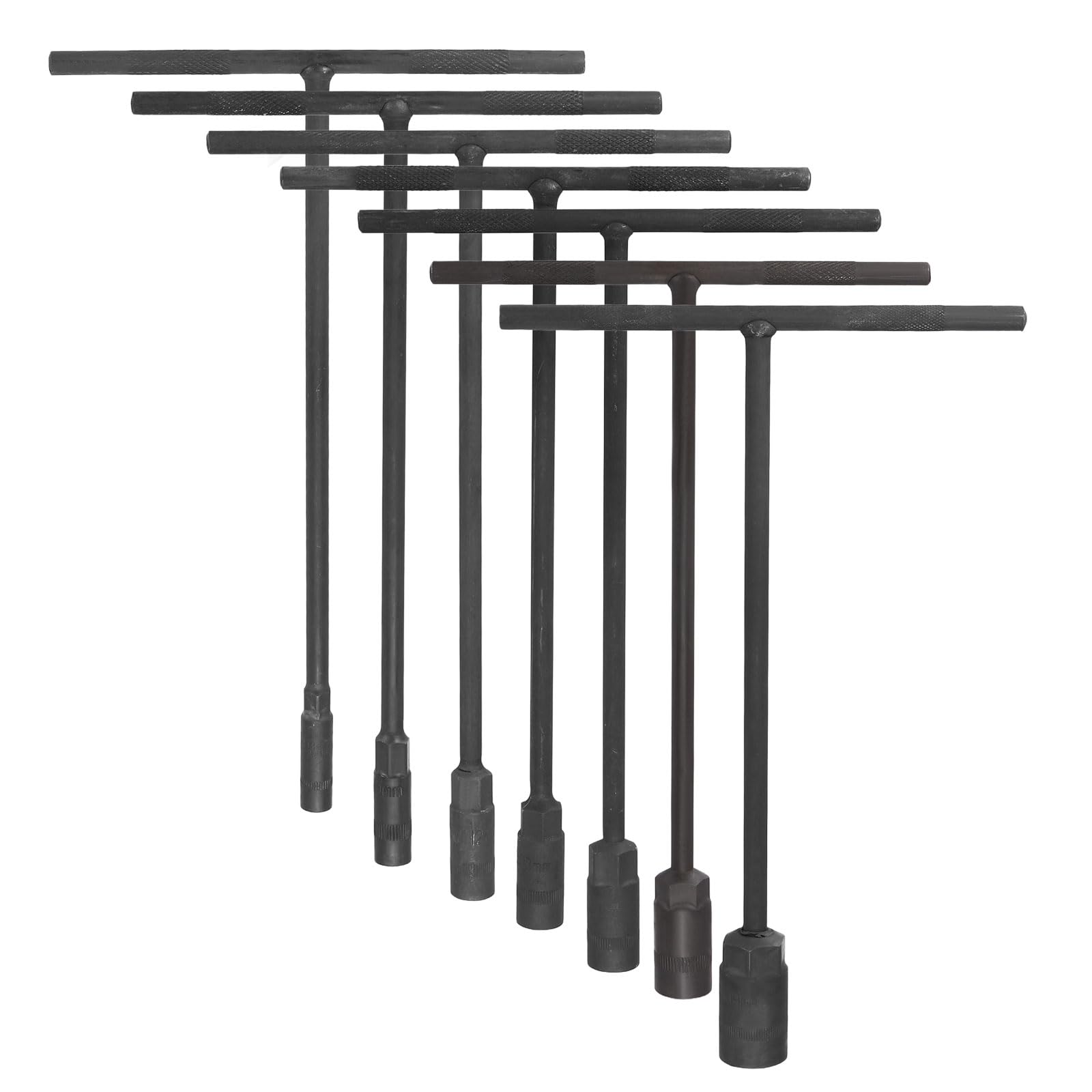 sourcing map 7pcs T-Handle Wrench Socket 8/10/12/13/14/17/19mm Metric High Carbon Steel 6-Point Spanner Socket with Long Reach for Motorcycle Bicycle Car Repair, Gray-Black