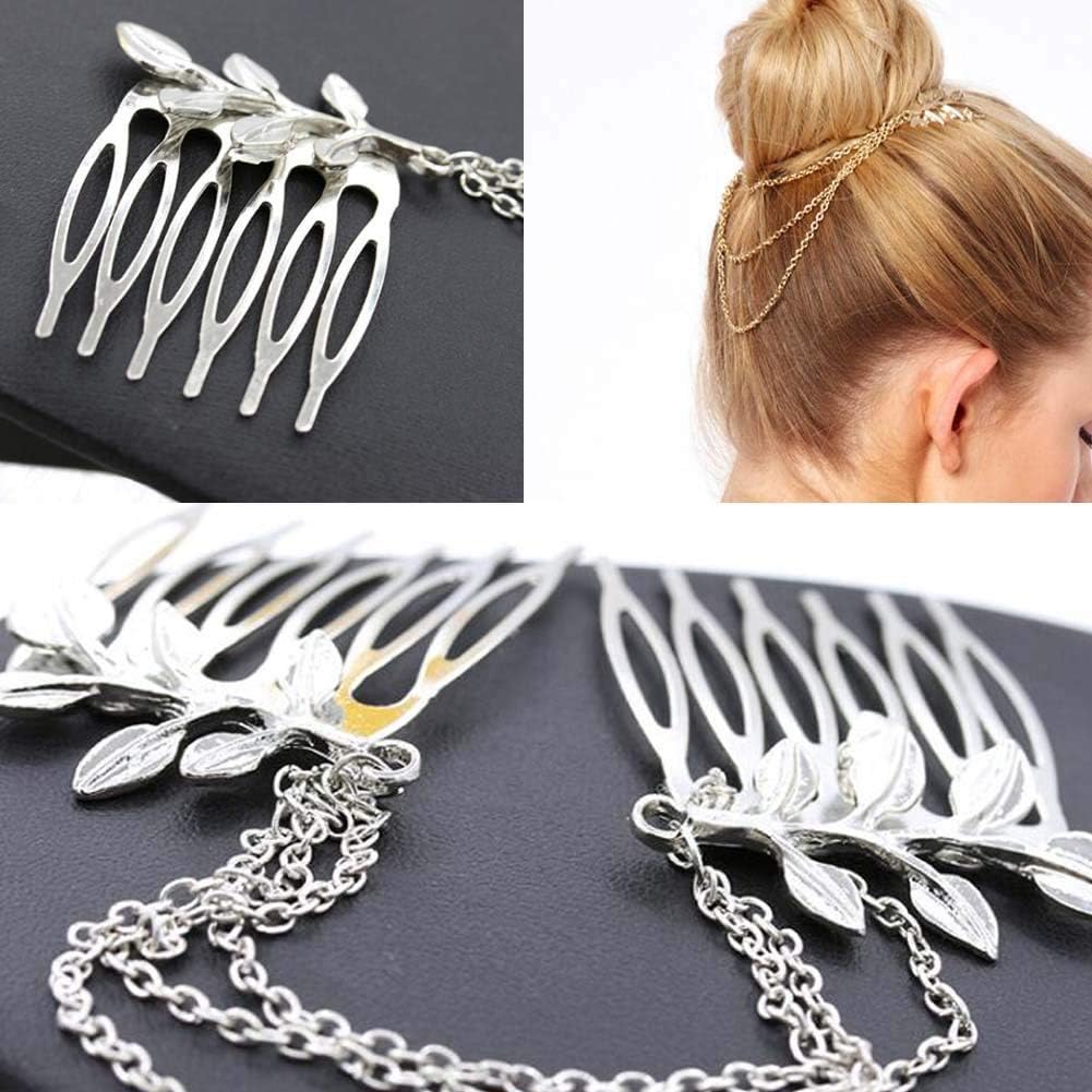 2ピースシルバーカラーレトロヘアコーム葉装飾ミニサイドコームヘアチェーンタッセルDIYブライダルヘアアクセサリー