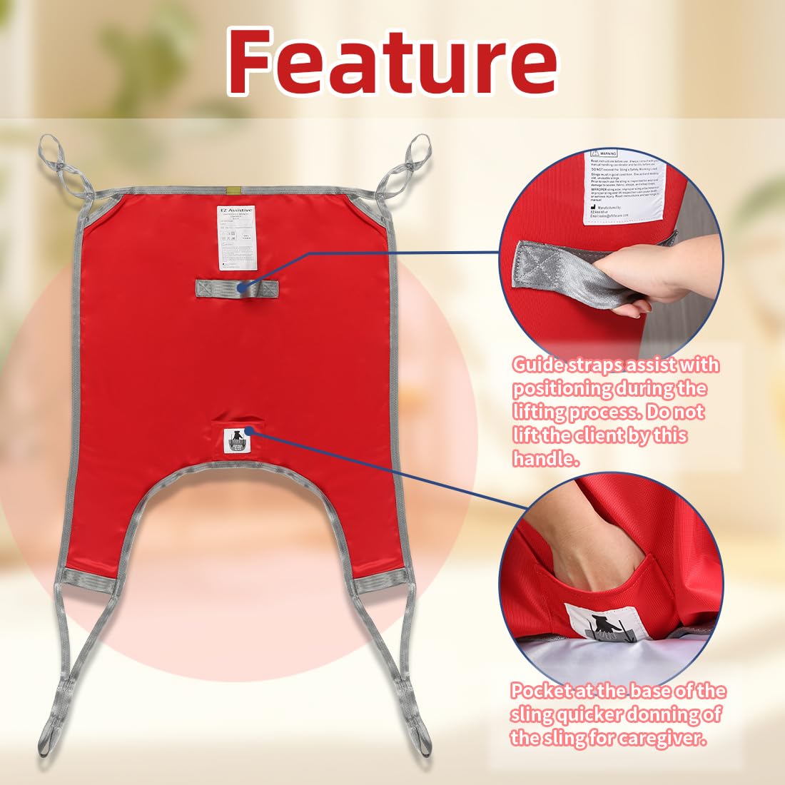 EZ Assistive Eslinga de pierna dividida para levantamiento de pacientes con espalda baja, correa de elevación para transferencia, posicionamiento y elevación, capacidad de peso de 500 libras (S-rojo)