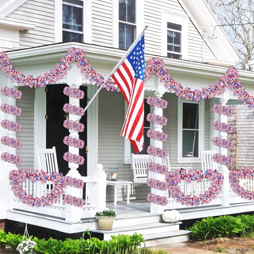 Image of 50FT 4th of July Patriotic Tinsel Garland Decorations, Red White and Blue Tinsel with Flag Metallic Glitter Hanging Garland for Memorial Day 4th of July Independence Day Indoor Outdoor Decor