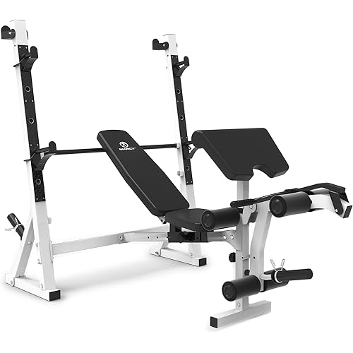Marcy Olympic Workout Bench for Home Gym Strength Training Equipment with Preacher Curl Pad and Weight Rack Storage, White/Black