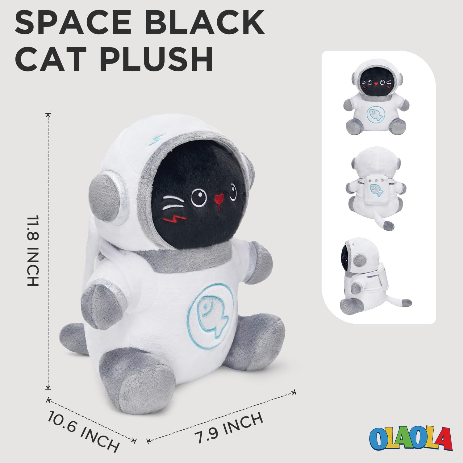 OLAOLA Space Black Cat Plush 12 Inch Cute Kitten with Backpack Stuffed Animals Plush Toy Soft Doll Pillow for Kids Adults