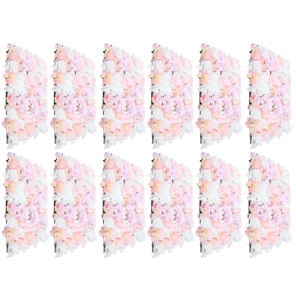 12 Stücke Künstliche Blumenwand Panel 60×40cm, DIY Seidenblumen Kunstblumen Wanddekorationskulisse für Hochzeit Dekor Party Hintergrund (Hellrosa+Weiß Rose)