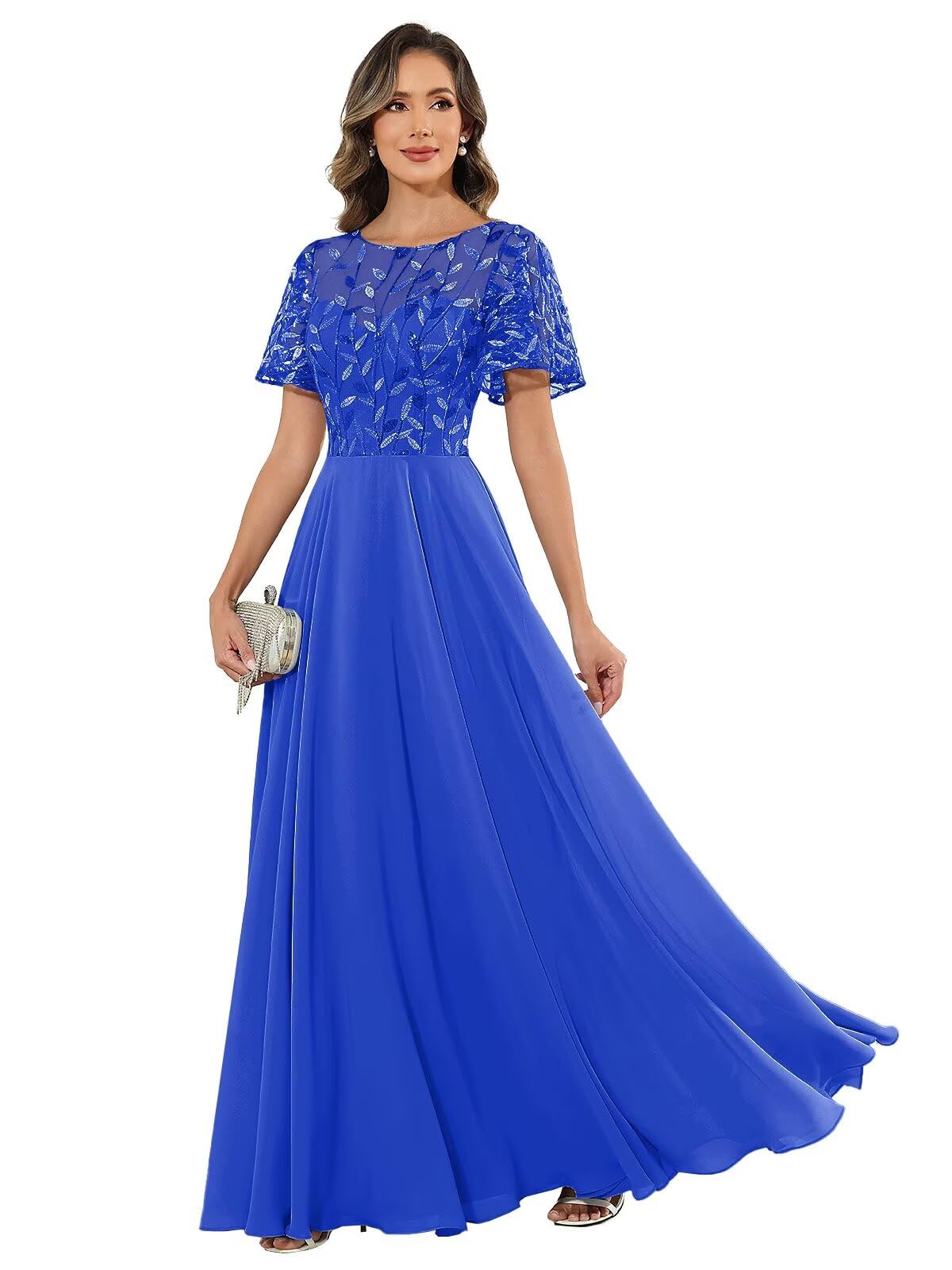 Thinksea Sequin Mother of The Bride Dresses for Women Lace Applique Ruffles Pleated Wedding Guest Dress with Sleeves Pockets