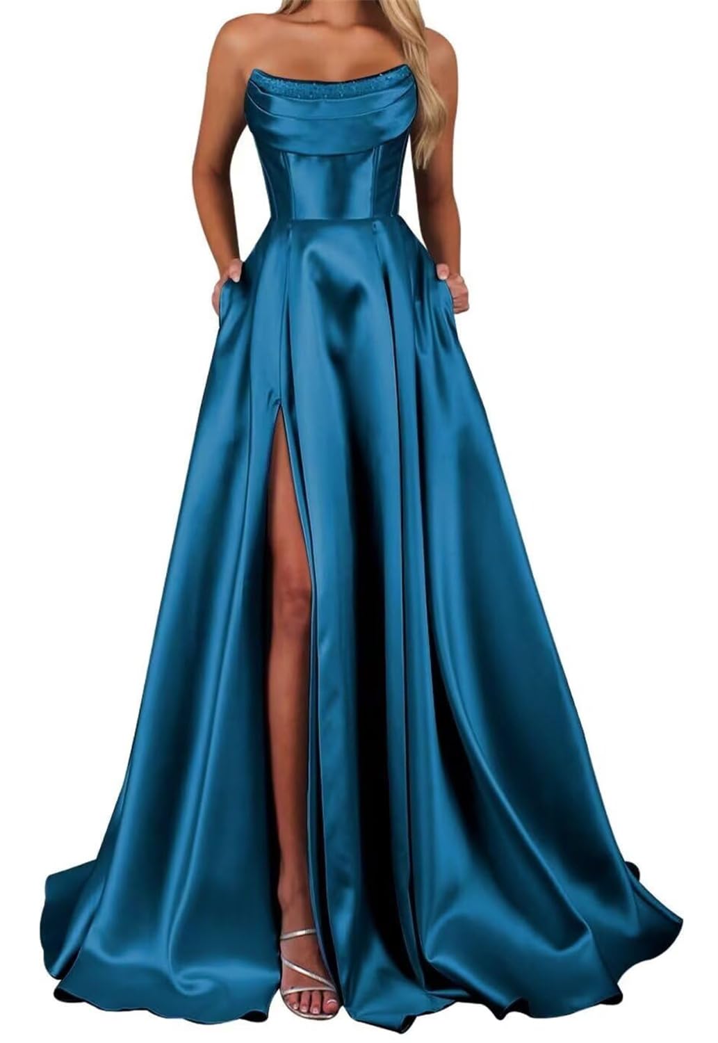 Hppee Women's Peacock Satin Prom Dresses With Slit For Strapless Formal Party Gown Corset Plus Size Evening Dress Uk26