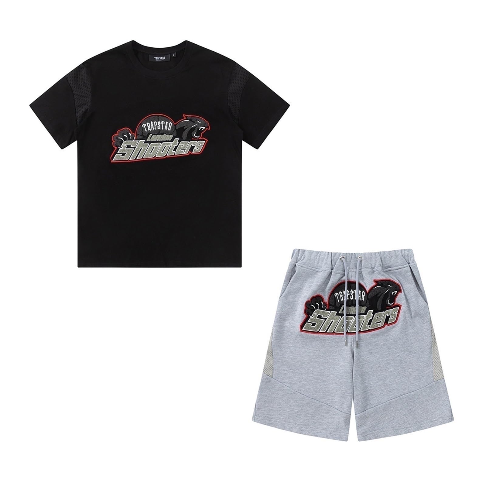 BIXPAK Trapstar Summer Sports 2-Piece Tracksuit, Cotton T-shirt and Shorts Casual Tracksuit with Trapstar Tiger Shooter Embroidery, Lightweight Short Suit(Black+Gray,X-Large)