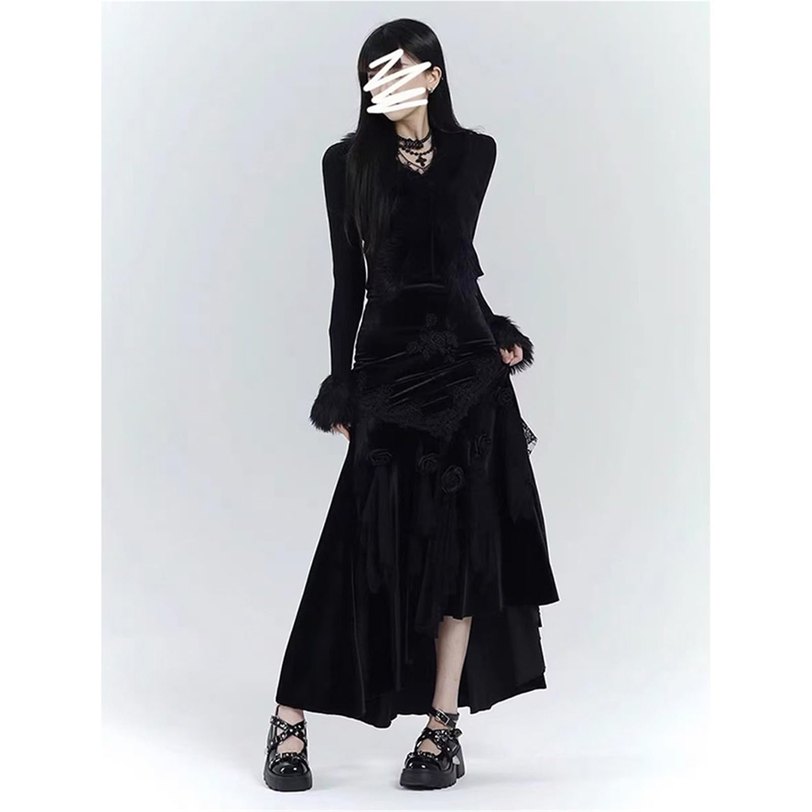 Gonna Longuette in Velluto Nero Vintage da Donna gonne a Sirena in Pizzo Floreale 3D Autunno Inverno Harajuku Gotico Slim Tromba gonne