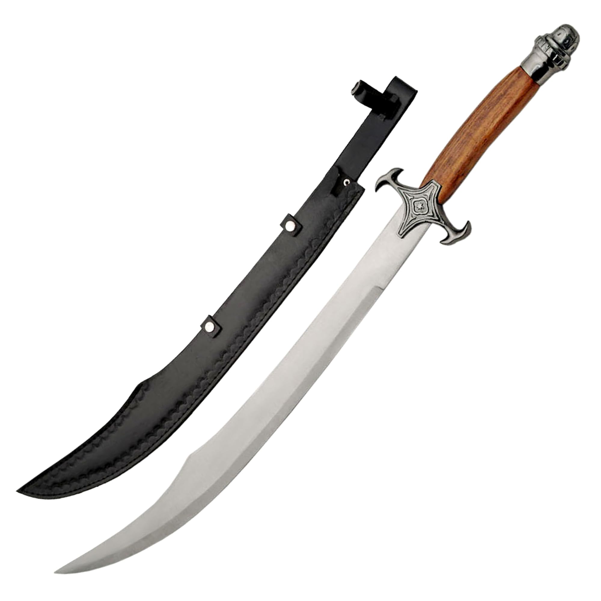 SZCO 31" Scimitar Sword – Stainless Steel Blade with Wood Handle, Metal Guard and Pommel, Includes Leather Sheath – Curved Arabian Sword for Display, Cosplay, and Collectors