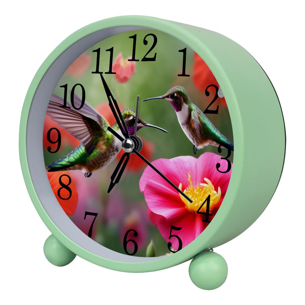 Alarm Clock Flower Hummingbirds, Silent Non-Ticking with Night Light