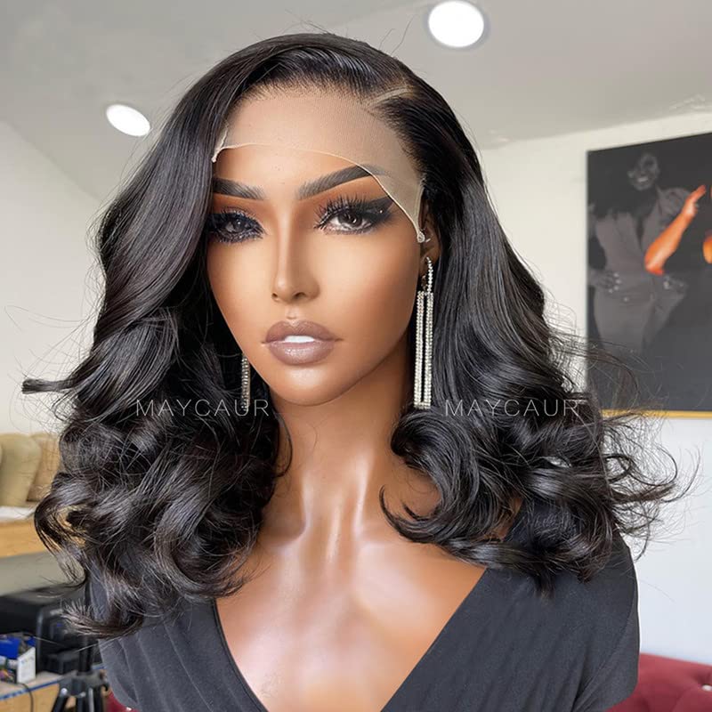 Maycaur Natural Black Color Wavy Hair Full Lace Human Hair Wigs Body Wave Lace Front Wigs With Natural Baby Hair 150 Density(14Inch, lace front wig)