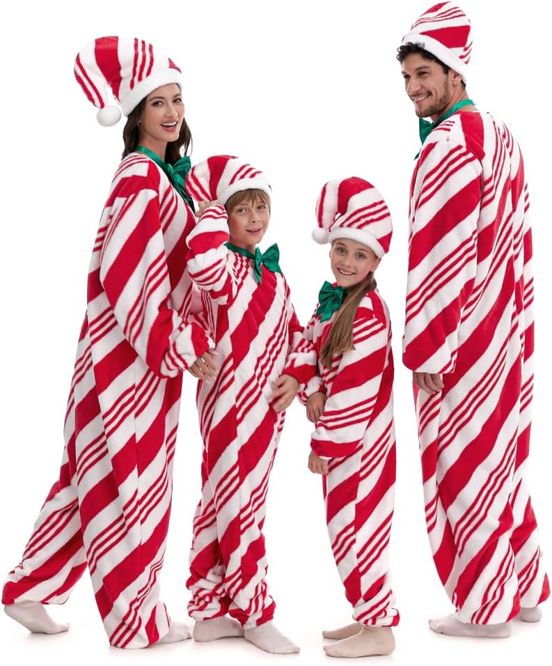 HSCTEK Fuzzy Teddy Fleece Adult Candy Cane Onesies Costume with Hoodie - Image 5