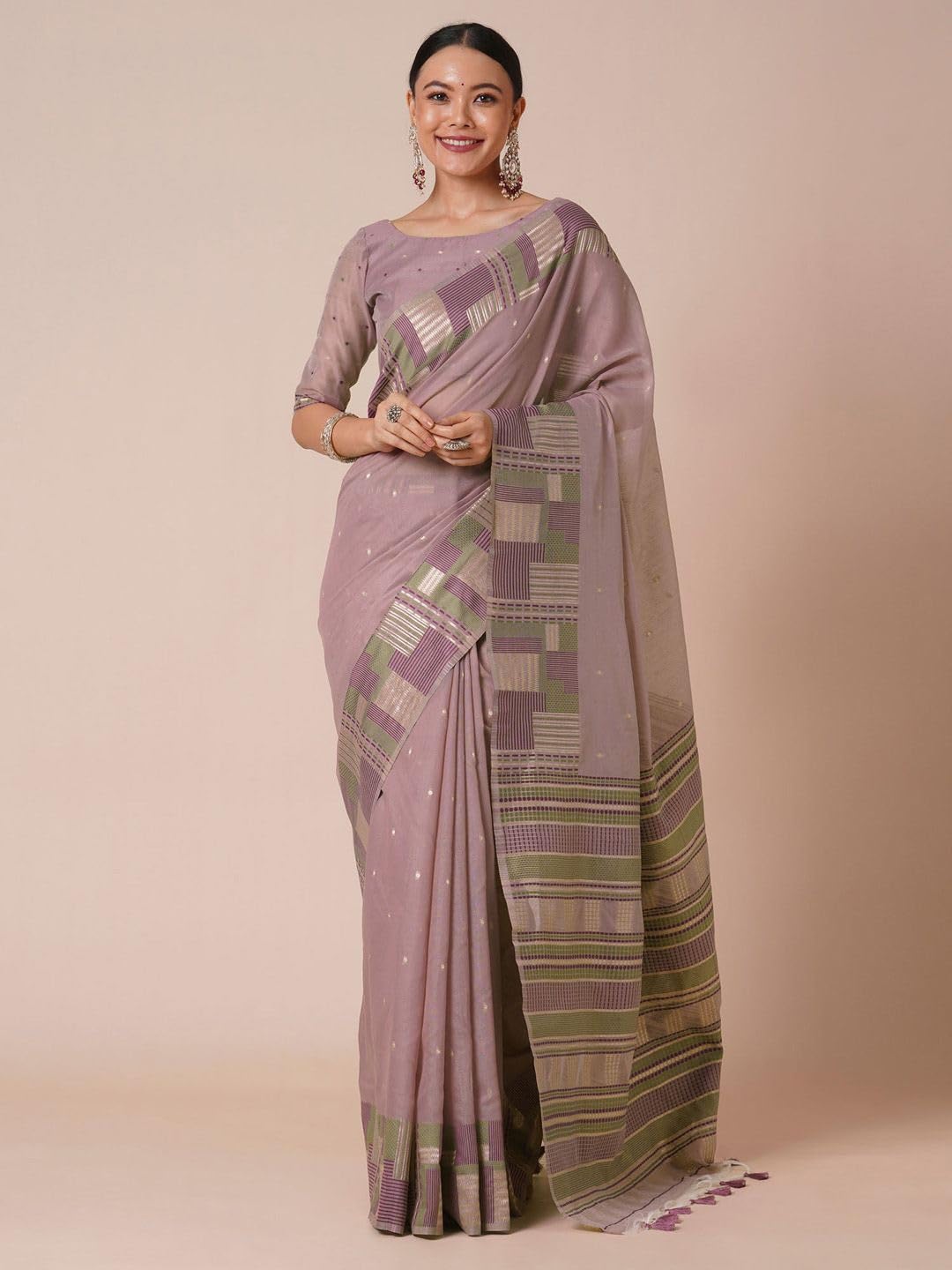 Sari da donna in cotone e seta con camicetta non cucita