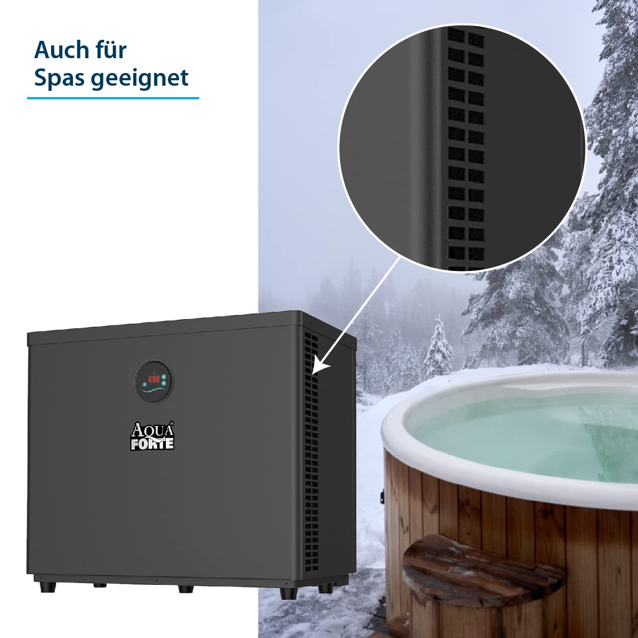AquaForte Aquamini Wärmepumpe 5,6 kw, Ideal für Ihr Aufstellbecken, Temperatur 10-43˚C, 6,5 AMP, Leistungsaufnahme kW 0,85, geeignet für Becken zwischen 5 - 20 m³, 36 kg, 703 x 330 x 490 mm.