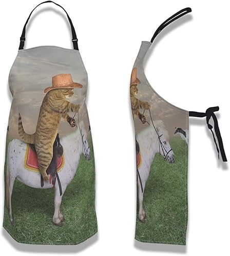 Vista 6 de Delantales de cocina para mujeres, el gato vaquero en un caballo, delantal de cocina para cocinar, restaurante, barbacoa, pintura, manualidades