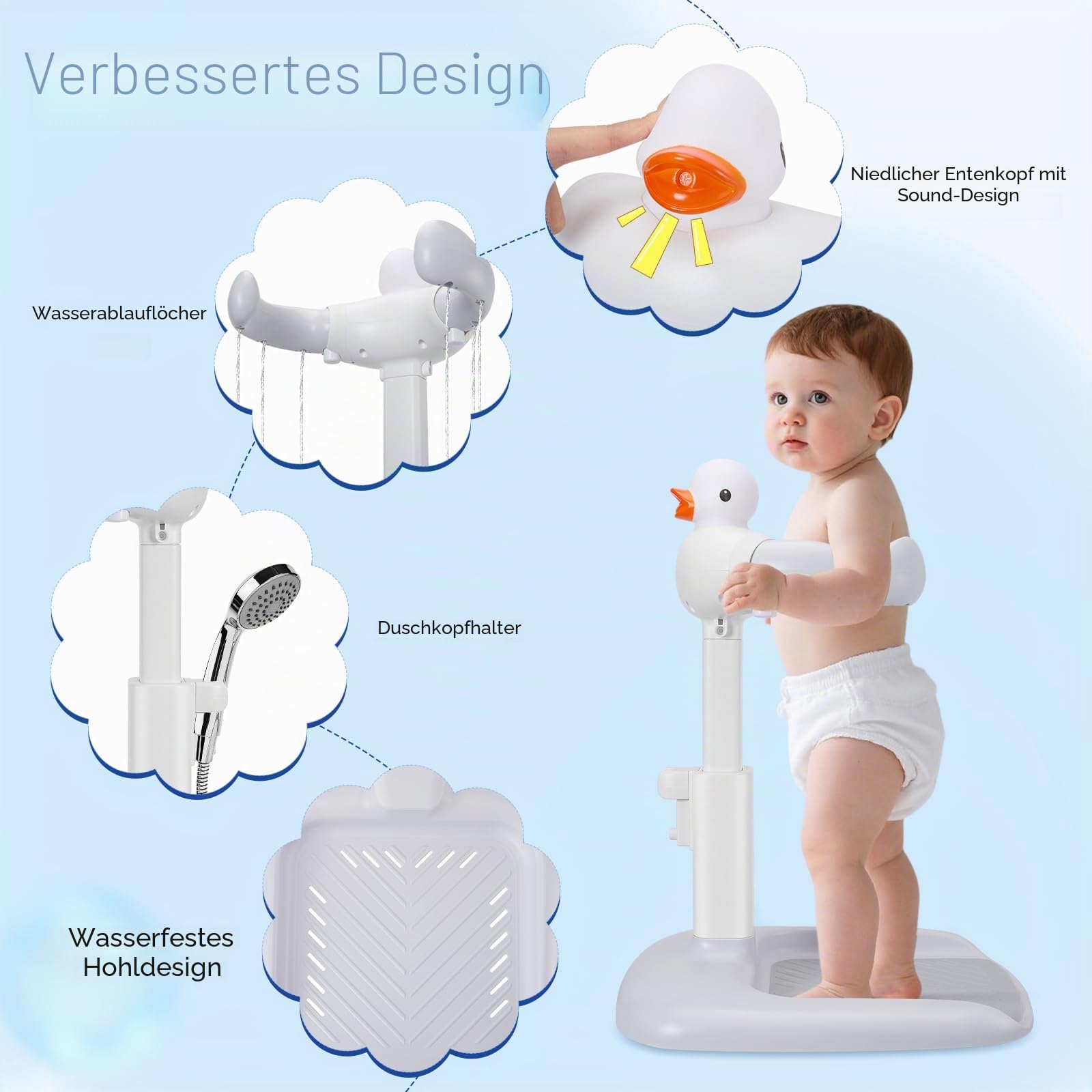 Baby Dusche Ständer mit Duschhalterung Klemmschutz, Einstellbarer (Ente) | Einfache Installation, mit Duschsitz & Antirutsch-Basis, für 6–36 Monate, Ideal als Babyduschständer und Babygeschenk