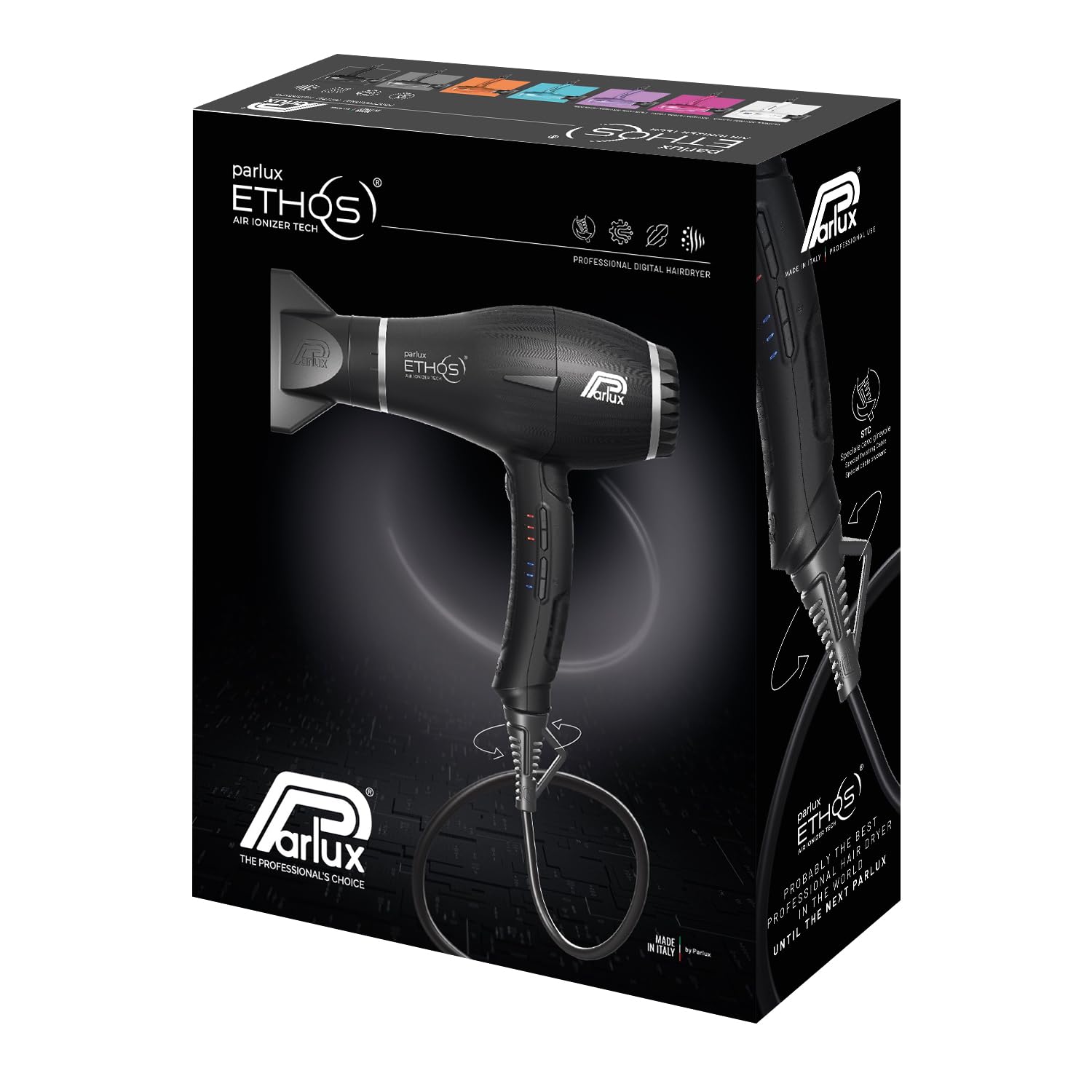 Parlux Ethos® Asciugacapelli Digitale Professionale con Ioni negativi, 9 combinazioni di Velocità e Temperatura, Cavo girevole brevettato, Potente e Leggero, Made in Italy, Colore Nero