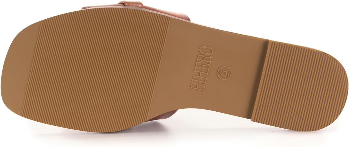 Rihero Women's Flat Sandals Summer Comfortable Square Open Toe Slip On Leather Slide Sandals - Image 5