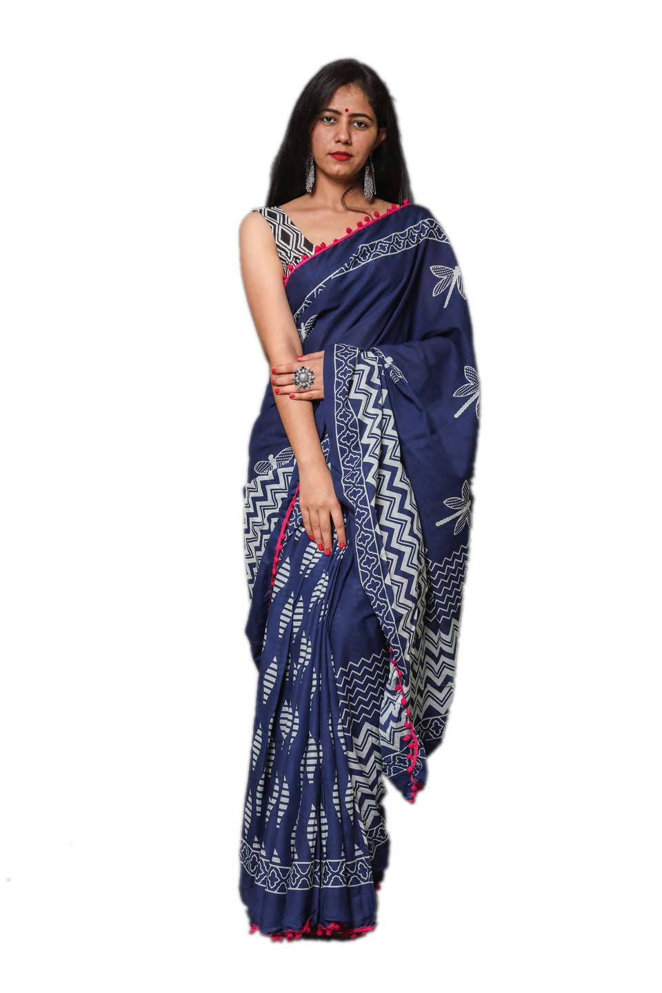 Shivanya Handicrafts Women's Hand Printed Cotton Plain Weave Handloom Saree with Pom Pom Lace 78 (AS079, Multicolour)