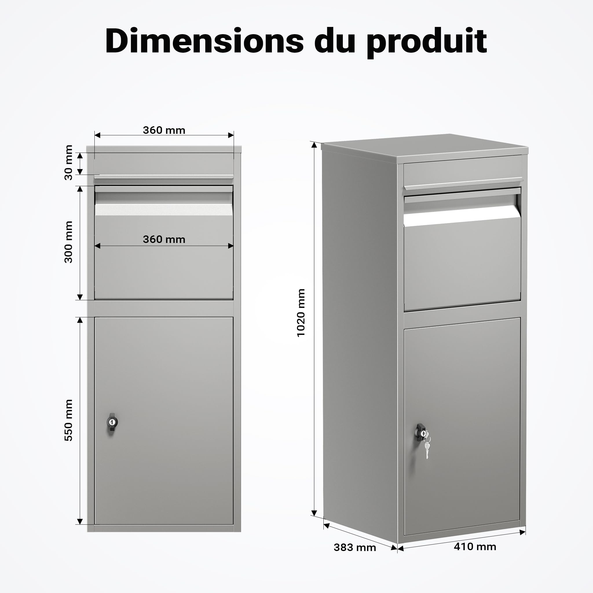 Wiltec Boîte à Colis Grise 410 x 380 x 1020 mm en Acier avec revêtement en Poudre Boîte aux Lettres verrouillable pour la réception de Colis à Domicile Livraison de courrier