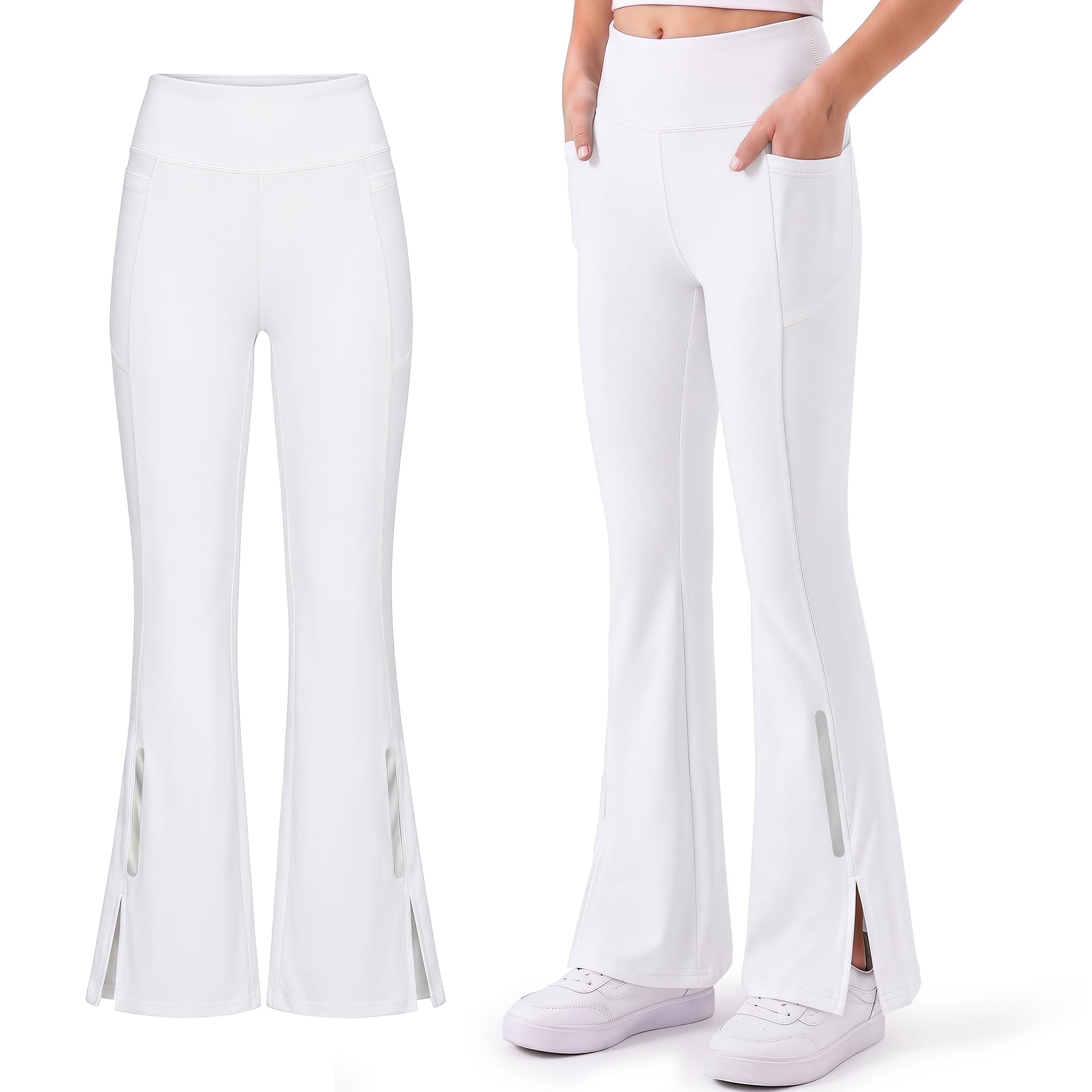 Mädchen Flared Leggings mit Taschen UPF 50 Sonnenschutz Schlagleggings mit Reflektierende Streifen Hohe Taille Atmungsaktiv Sporthose Gymnastikhose für Tanz,Laufen,Schule 7-15 Jahre