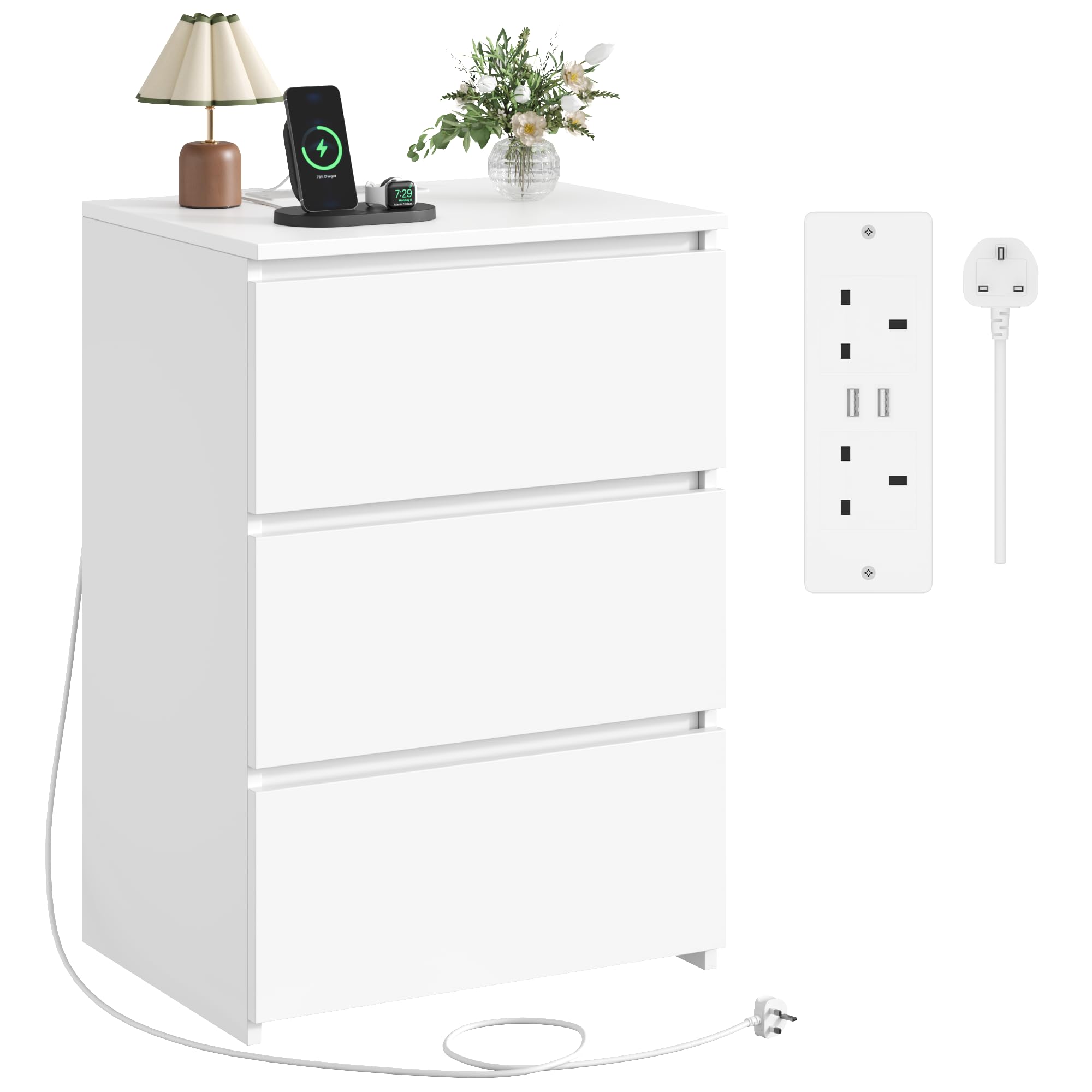 FirFurd Bedside Table with Charging Station, Bedside Cabinet Nightstand with 3 Drawers, 2 AC Outlets 2 USB Ports, White Side End Table for Bedroom Living Room 45x38x66cm