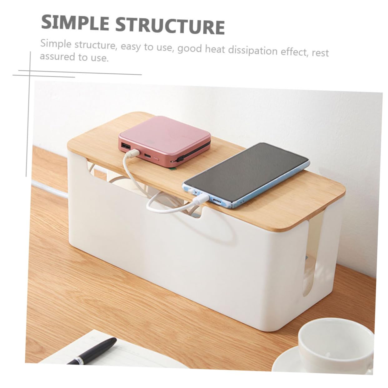 Tapa de Bambú Caja Organizadora de Cables Grande para Hogar
