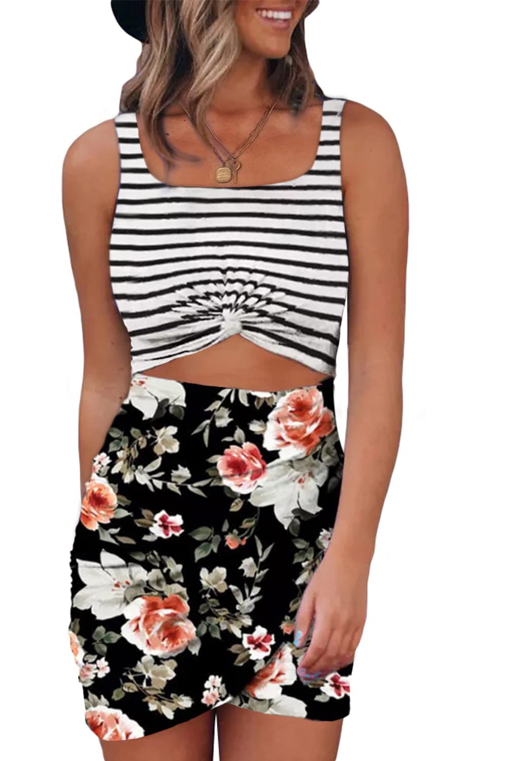 Acelitt Floral Printed Summer Dress for Women Sleeveless Cut Out Twist Wrapped Front Slim Fit Bodycon Evening Party Dresses Miami Outfits Black XXL