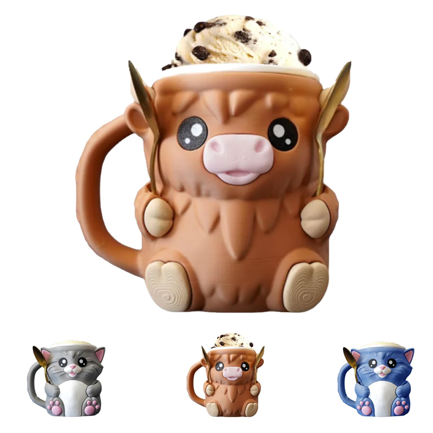 Highland Cow Ice Cream Holder, Ice Cream Pint Holder, Beer Can Holder with Two Spoons, Highland Cow Gifts, Reusable Cute Popsicle Holders Holds 473 ml/16 oz pints, Gift for cat lovers (1pc)