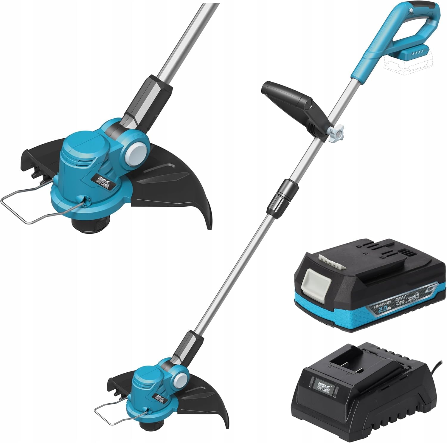 DEDRA elektryczna podkaszarka do trawy z akumulatorem 2,0 Ah18 V i ładowarką, średnica cięcia Ø 30 cm, 8800 obr./min, lekka i ergonomiczna, waga 1,9 kg, rura teleskopowa i regulowany uchwyt