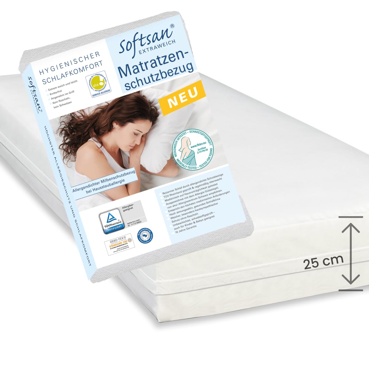 Softsan Extraweich Allergiker Matratzenbezug milbendicht 100x200 cm, Höhe 25 cm, Encasing zum Milbenschutz für Hausstauballergiker milbenkotdicht