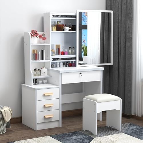 Dressing Table with LED Lights and Mirror, 4 Drawers, 6 Shelves, and Stool (White)