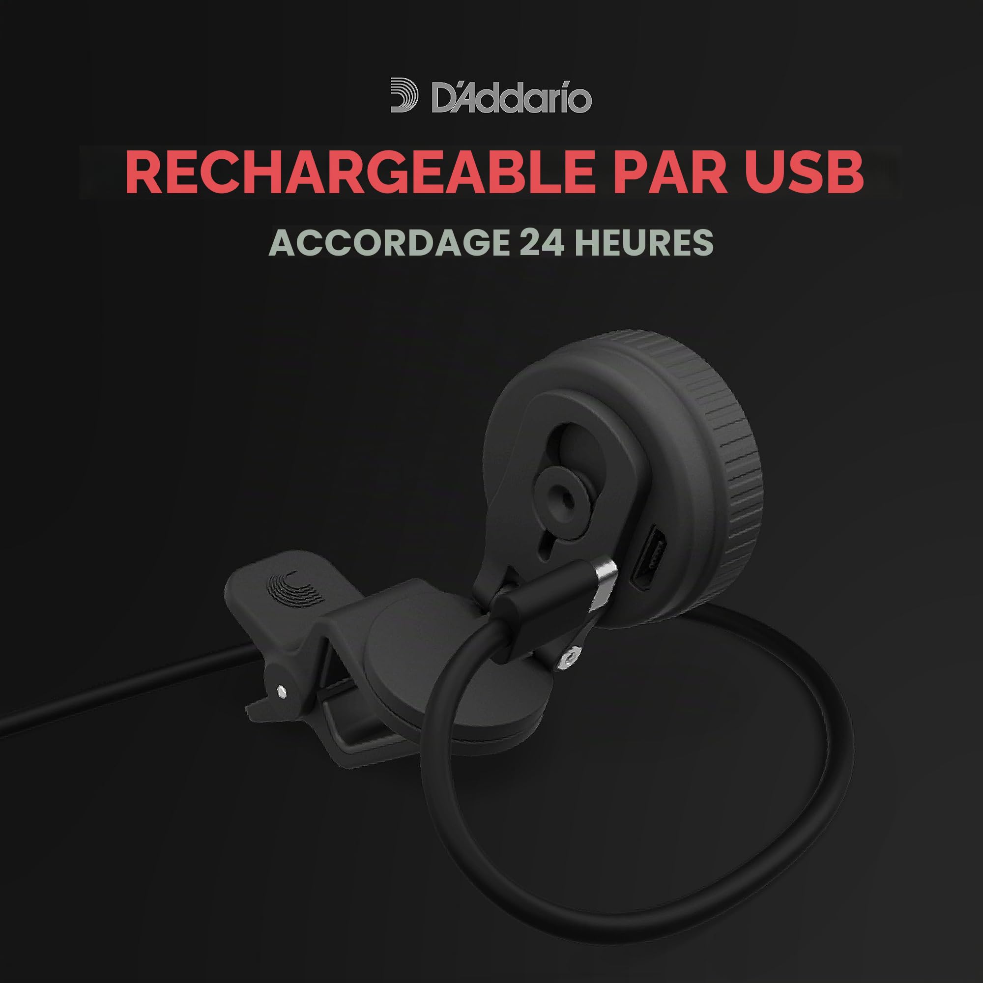 Accordeur de violon rechargeable D'Addario Nexxus 360 - Accordeur à pince pour violon - Arrêt automatique - Écran LED couleur réglable