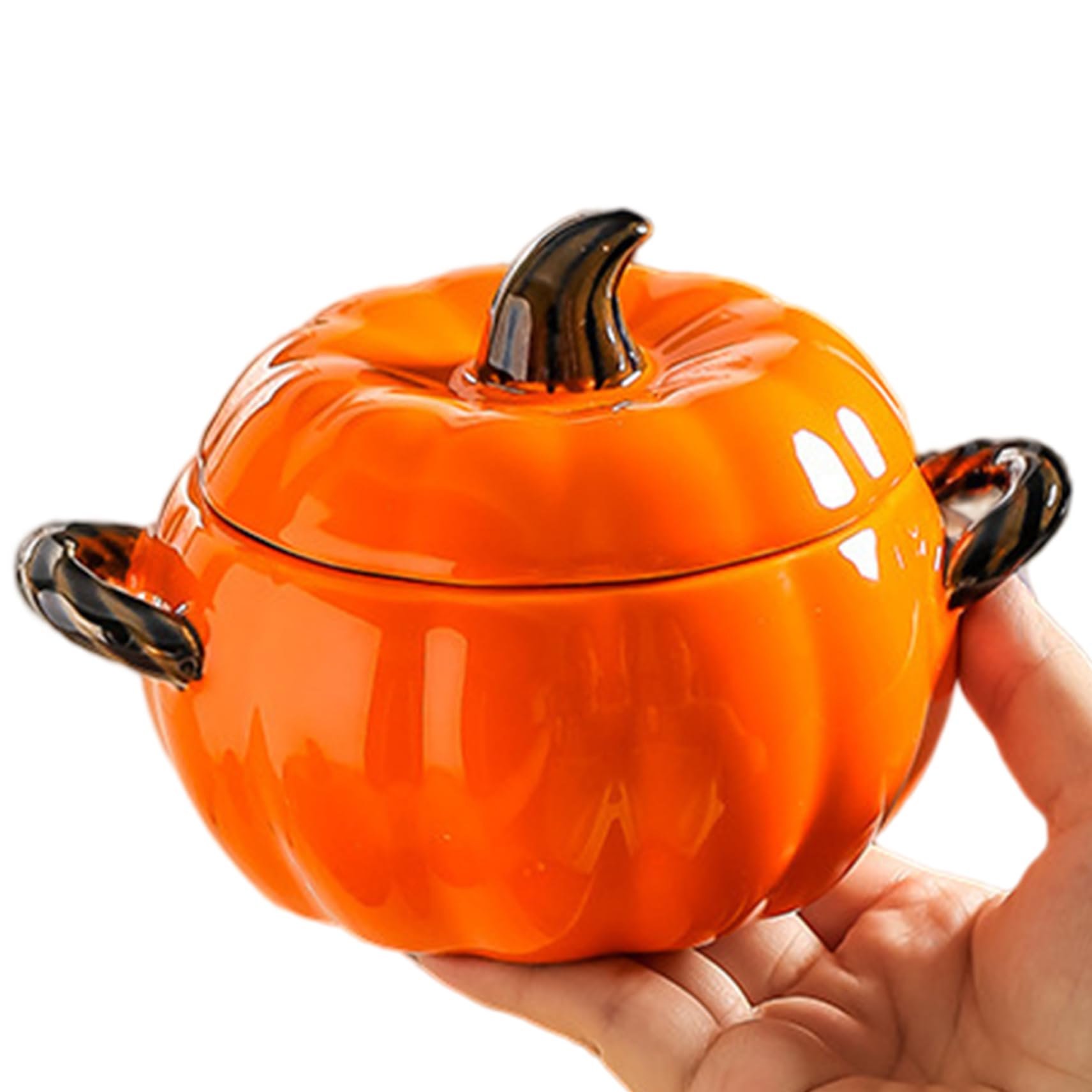 Lcarege Ceramic Bowl with Lid, 400ml Cute Pumpkin Bowl with Dual Handdle, Easy Clean Mini Individual Pumpkin Pots for Cooking, Oven Safe