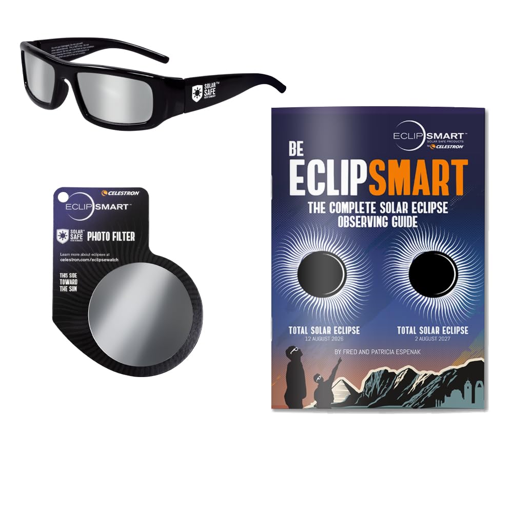 Celestron EclipSmart 3-teil. Set/Beobachtung u. Aufnahme der Sonnenfinsternis. Sonnenbrille, Kamerafilter und Buch. Filter gem. internationalem Sicherheitsstandard zur direkten Sonnenbeobachtung