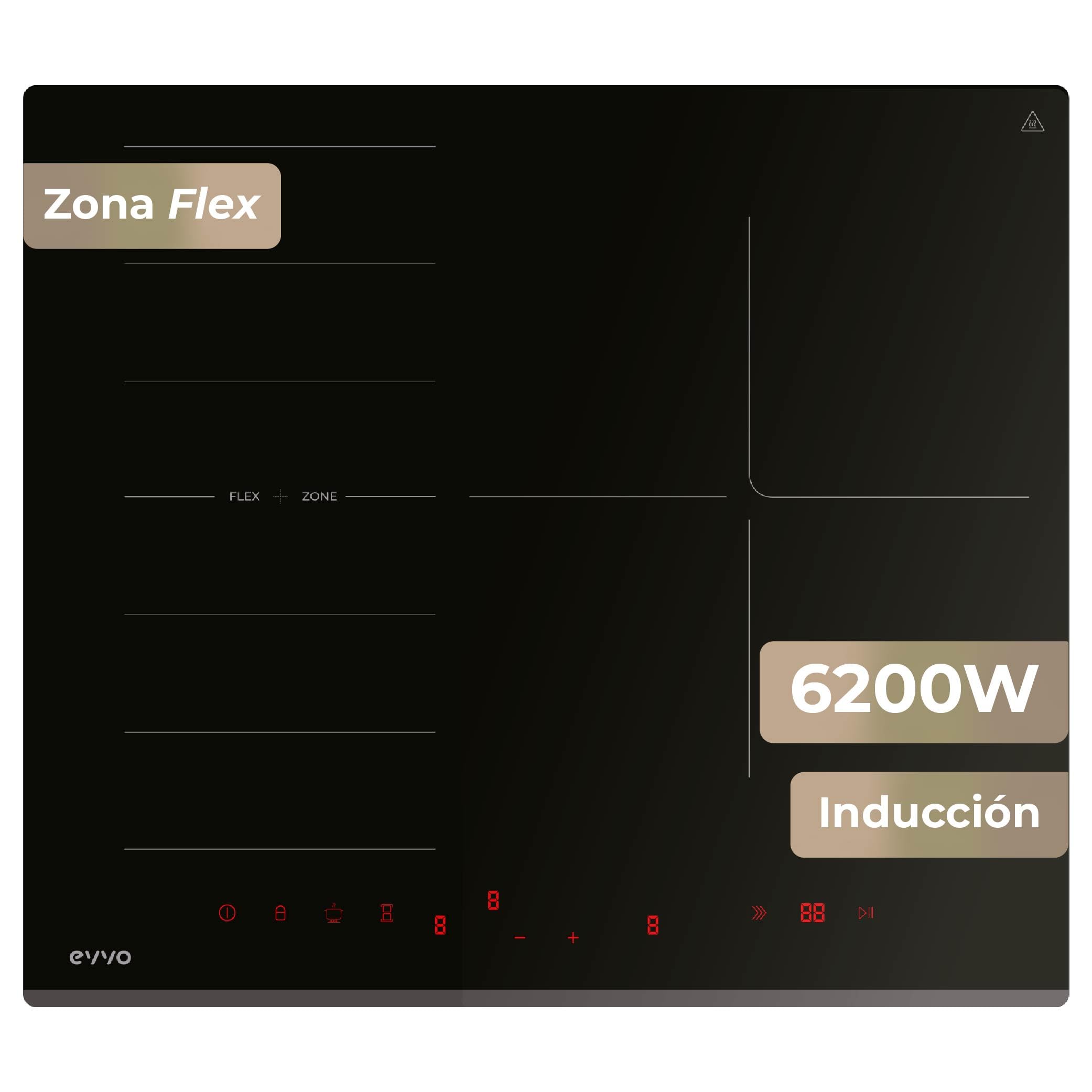 EVVO Placa Inducción V62 - Vitrocerámica Inducción 4 Zonas, Zona Flexible, 7200W, Booster, Control Táctil, 9 Niveles, Bloqueo Infantil, Temporizador, Apagado Automático, Cristal Negro